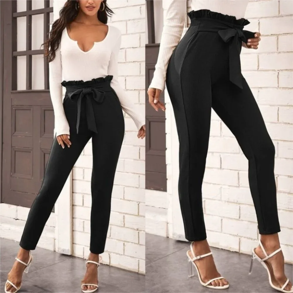 Work Chic Black belted skinny Paper bag pants - Picture 1 of 11